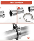 Installation steps for 1.5 Inch 304 Stainless Steel V Band Exhaust Clamp for Turbo Downpipes Flange Kit on exhaust pipe.