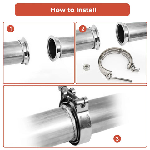Installation steps for 1.5 Inch 304 Stainless Steel V Band Exhaust Clamp for Turbo Downpipes Flange Kit on exhaust pipe.