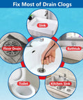 Chart showing uses of Durable Nylon Drain Snake 30 Inch Hair Clog Remover in sink, bathtub, kitchen sink, toilet, and floor drain.