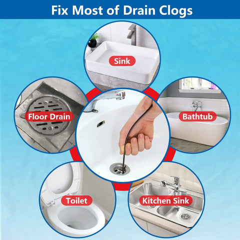 Chart showing uses of Durable Nylon Drain Snake 30 Inch Hair Clog Remover in sink, bathtub, kitchen sink, toilet, and floor drain.
