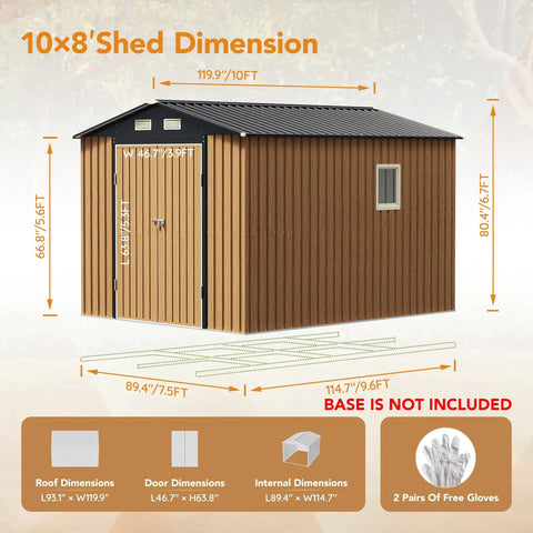 Heavy Duty Steel Garden Shed With Lockable Door And Clear Window, Rust Resistant Metal Tool Storage for backyard patio, 10x8 FT, dimensions displayed