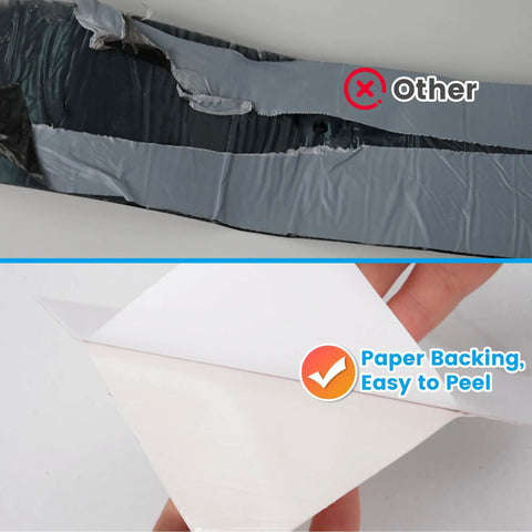 Comparison of damaged tape and RV Roof Sealant Tape 4 Inch By 50 Foot White Weatherproof Self Adhering Repair Tape with easy-peel backing.