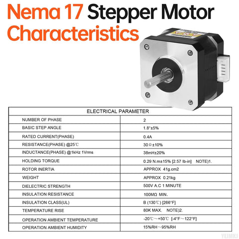 Nema 17 stepper motor front view with silver faceplate, black body, and white 4-pin connector