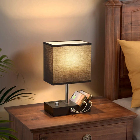 Dope Dual USB Dimmable Bedside Lamp With Phone Stand And Type C Charging Ports Black Desk Lamp On Wooden Nightstand