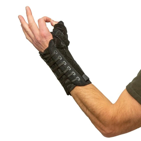 Titan Thumb Orthosis With Adjustable Lacing For One Hand Use, black left hand orthosis on arm with visible lacing system