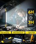 Magnetic Rechargeable Work Light 3000LM LED Light Bar With 5200mAh Battery used for car repair, showing light modes and features.