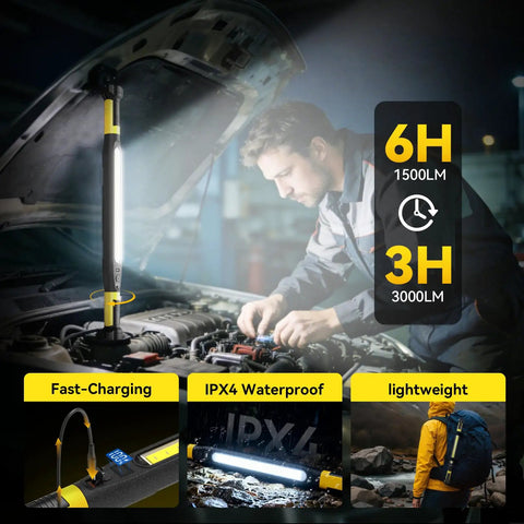 Magnetic Rechargeable Work Light 3000LM LED Light Bar With 5200mAh Battery used for car repair, showing light modes and features.