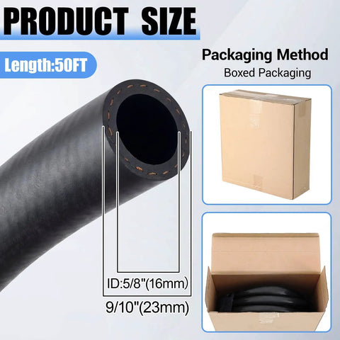 Cross-section of 5/8 Inch ID Heater Hose, 50 Foot EPDM Rubber Black Hose, 85 PSI Working Pressure with box packaging