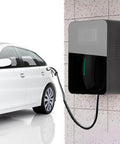Universal EV Charging Station Cover With Tempered Glass Dual Lock Defense Heavy Duty Weatherproof Housing Secure Your Rig Against Theft And Weather Rock Solid Protection Fits Most Models mounted on a wall with charging cable connected to a car.