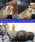 Gear Oil Pump For Marine Outboards Quick Pour Kit in use showing adapters, standard quart bottle compatibility, and boat installation