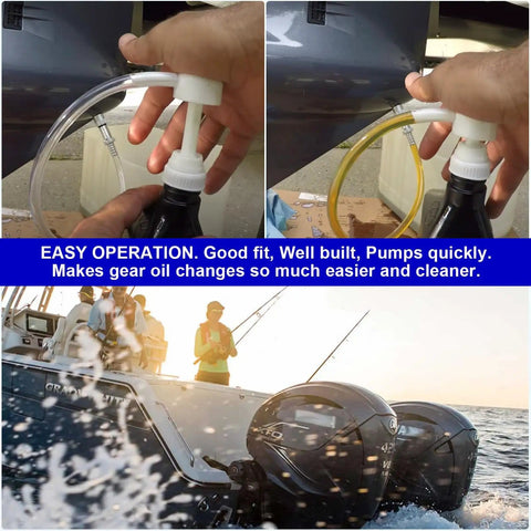 Gear Oil Pump For Marine Outboards Quick Pour Kit in use showing adapters, standard quart bottle compatibility, and boat installation