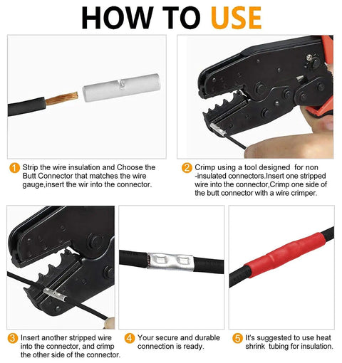 Step-by-step guide for using Non Insulated Butt Connectors Kit 380Pcs Marine Grade Tinned Copper Seamless Barrel Crimp Splice Terminals.