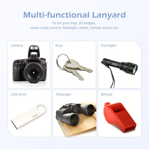 Multi-functional lanyard image showing camera, keys, flashlight, USB drive, telescope, whistle with Built Tough Paracord Neck Lanyard Keychain.