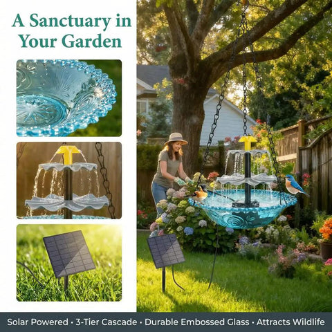 Solar Cascade Hanging Bird Bath Fountain With 3 Layer Design For Outdoor Gardens And Ponds 6 Nozzles And 10 Ft Cord Solar Powered Pump