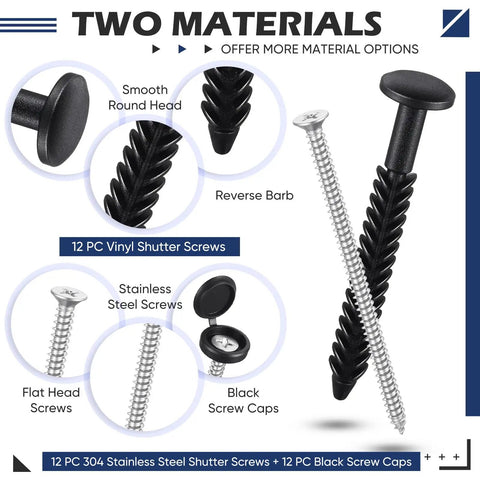36 Pack Vinyl Shutter Fasteners Featuring Heavy Duty 3 Inch Stainless Steel And Black Plastic Spike Anchors With Secure Caps For Rock Solid Exterior Trim And A Zero Fuss Install showcasing 12 vinyl shutter screws and caps.
