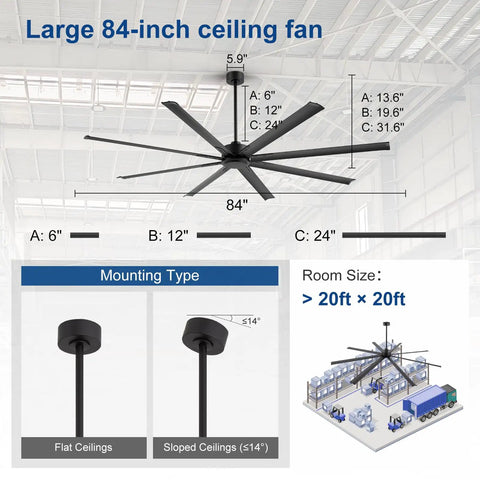 84 Inch Solid As A Rock Industrial Ceiling Fan With No Sweat Remote Setup And Eight Durable Aluminum Blades dimensions and mounting options