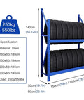 Badass Adjustable Tire Display Rack, Heavy Duty Double Deck Wheel Storage Cart with steel frame and stacked tires.