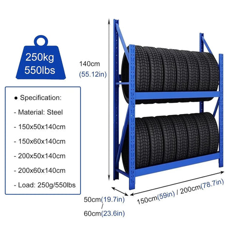 Badass Adjustable Tire Display Rack, Heavy Duty Double Deck Wheel Storage Cart with steel frame and stacked tires.