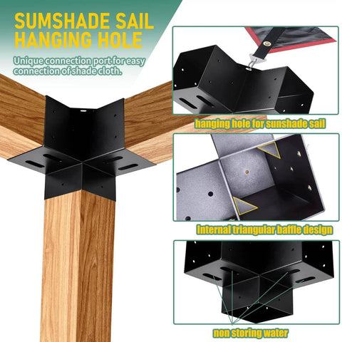 4x4 Pergola Brackets 3 Way Corner Extension Kit for Woodworking DIY Pergola Gazebo Hardware, shown installed on wood posts.