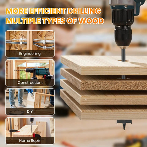 Heavy Duty 14 Piece Spade Drill Bit Set With Six Inch Quick Load Extension in action drilling clean holes in wood.
