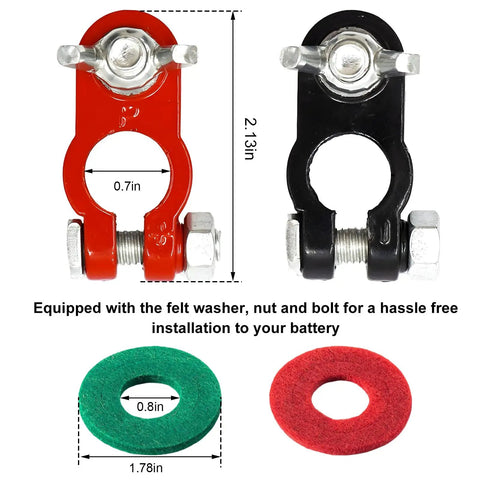 Battery Terminal Connectors Set With Anti Corrosion Washers Positive And Negative Battery Post Clamps For Car Truck And Boat Zinc Alloy Construction Durable Easy To Install Car Accessories, showing red and black clamps with green and red washers.