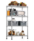 Rock Solid Heavy Duty 4 Tier Steel Wire Storage Rack With Durable Chrome Finish Adjustable Height Shelving Unit For Garage Kitchen Or Office Organization 1000 Lb Capacity, filled with kitchen items.