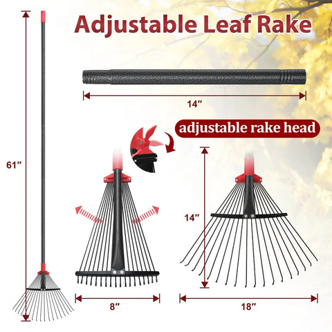 Adjustable Metal Leaf Rake With 18 Tines And 9 To 18 Inch Expandable Head 76 Inch Long Handle Yard Rake For Leaves Grass Clippings And Pine Needles Lightweight Garden Rake For Lawns All In One Go To Tool