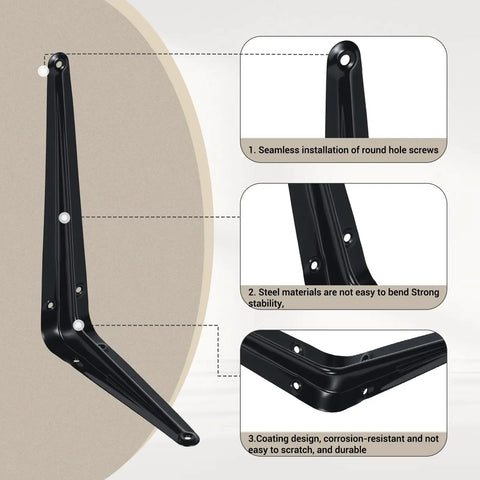 16 Pack Heavy Duty Metal Floating Shelf Brackets 6x8 Inch Black L Shaped Shelf Supports with seamless screw installation details