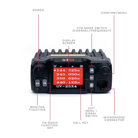 UV 25X4 Second Gen Mini Mobile 25 Watt Tri Band Base Station Radio display with controls labeled