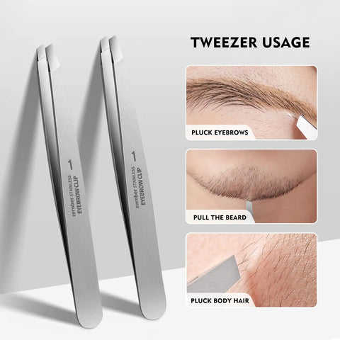 Professional Stainless Steel Slant Tweezers Set 2 Pack Precision Eyebrow Tweezers for Facial Hair Ingrown Hair and Blackhead Removal, two-pack in case