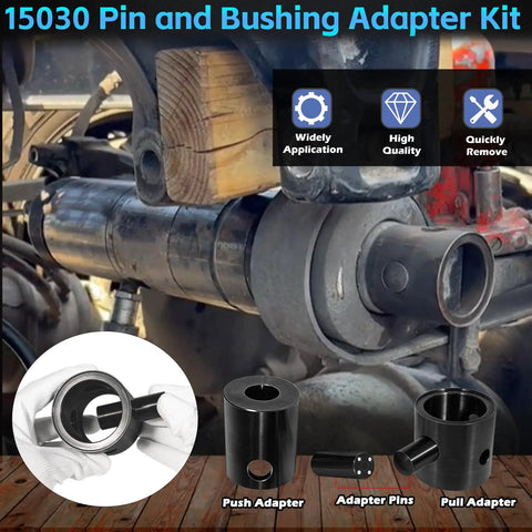 Leaf Spring Pin and Bushing Adapter Service Kit 15030 for heavy-duty trucks showing adapters and application.
