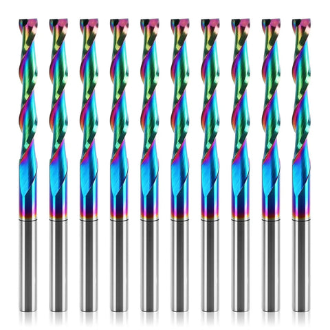 Image of Ten Piece One Eighth Inch Shank Up Cut Router Bits Two Flute Spiral Carbide End Mills With DLC Coating For CNC Milling