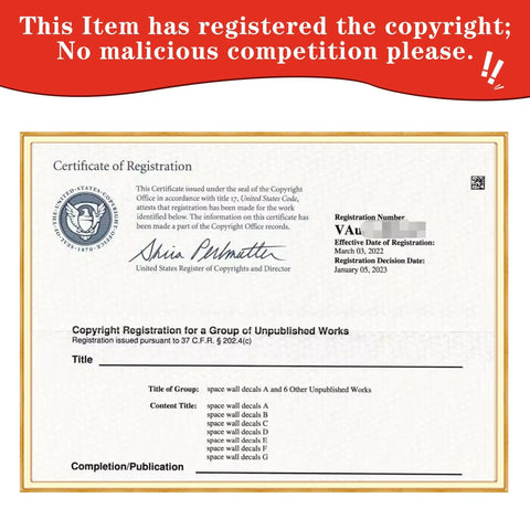 Certificate of Registration for 1086 Piece Glow In The Dark Stars And Moon Wall Decals Set For Ceiling And Walls Solar System Galaxy