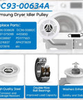 Samsung dryer idler pulley DC93-00634A with replacement parts shown in detailed breakdown of the kit components