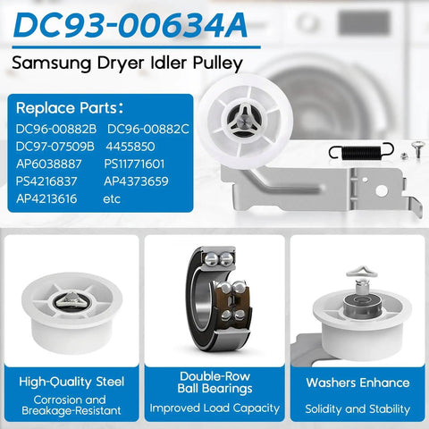 Samsung dryer idler pulley DC93-00634A with replacement parts shown in detailed breakdown of the kit components