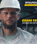 Worker wearing Bulk Pack 24 Clear Safety Glasses With UV Protection And Impact Resistant Lenses, ANSI Z87.1 certified