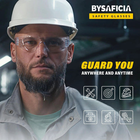 Worker wearing Bulk Pack 24 Clear Safety Glasses With UV Protection And Impact Resistant Lenses, ANSI Z87.1 certified