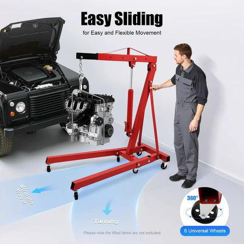 Heavy Duty Hydraulic Engine Hoist, 2 Ton Folding Shop Crane Built Tough For Daily Wrench Turning, with adjustable chain lifting an engine.