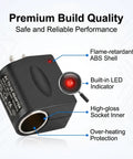 No Sweat AC To DC Power Converter Adapter showing an LED indicator, ABS shell, and high-gloss socket for safety and reliability.