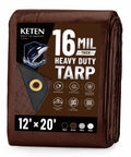 Heavy Duty Waterproof Tarp 12x20 Feet Ultra Thick 16 Mil HDPE Brown wrapped package with label showing features