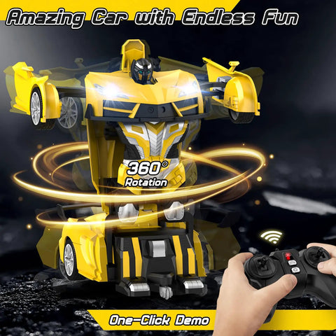 Dope Transform RC Car for Kids 3 to 8, 2.4GHz Remote in robot mode with 360 spin and remote controller displayed.
