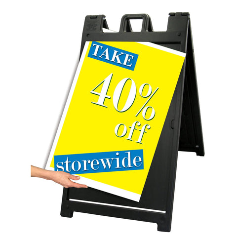 Signicade Deluxe A Frame Double Sided Folding Sidewalk Sign With Quick Change System displaying 40% off sale sign in black frame.