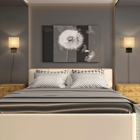Bedroom with set of 2 black plug in wall sconces with USB charging ports and AC outlet wall mounted bedside lamps includes 2 bulbs