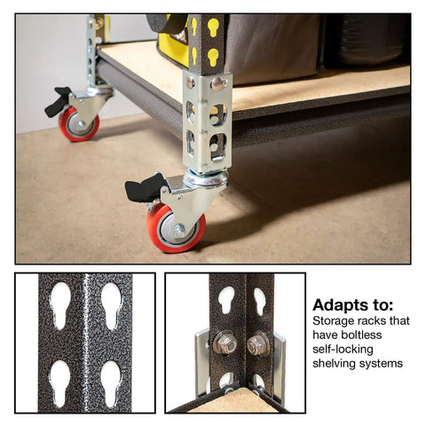 Set Of 4 Storage Rack Caster Wheels For Boltless Self Locking Shelving Racks, 3 Inch Polyurethane Wheels With Ball Bearing Locking Casters, 500 Lb Total Capacity, Smooth Roll On Any Surface