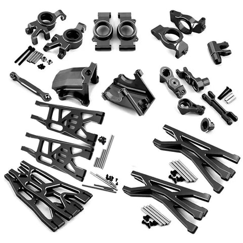 Traxxas X-Maxx 1/5 RC Upgrade Parts Kit with CNC aluminum alloy components including swing arms, steering cups, and gearbox shells.