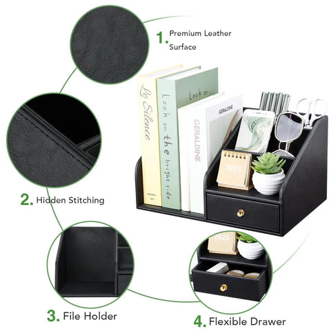 Premium PU Leather Desk Organizer With Drawer And Four Compartments Vertical File Holder And Magazine File Holder Desktop Office Storage In Sleek Black