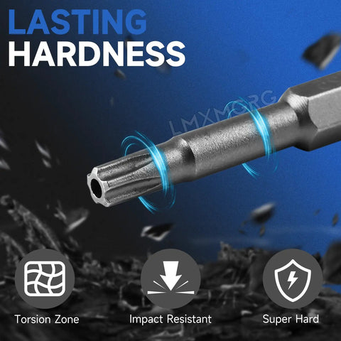 Close-up of 5 Point Security Torx Bit Set, 10 Pc Magnetic S2 Alloy Steel Driver Bits, One Quarter Inch Hex Shank TT8 to TT45, 50mm Length showing its durability.
