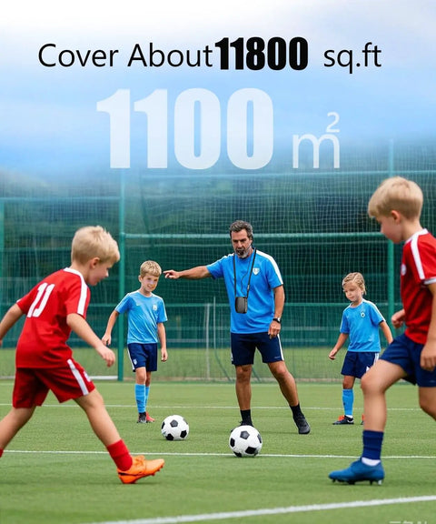 Coach using Portable Voice Amplifier With Headset Microphone For Speaking On The Go Rechargeable Mini PA System Ideal For Teachers Tour Guides Coaches Classrooms Choirs Singing Yoga And Fitness Instructors during soccer practice on a field with kids.