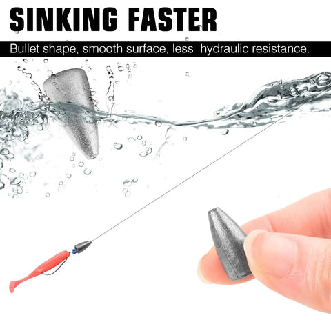 Bullet Drop Weights Sinkers Kit for Saltwater and Freshwater Fishing, 50 pcs 3/16oz removable lead bass tackle weights shown