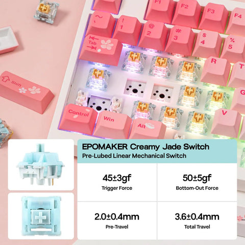 EPOMAKER Creamy Jade Switch in a pink mechanical keyboard showcasing 104 keys and customizable features for enhanced performance.